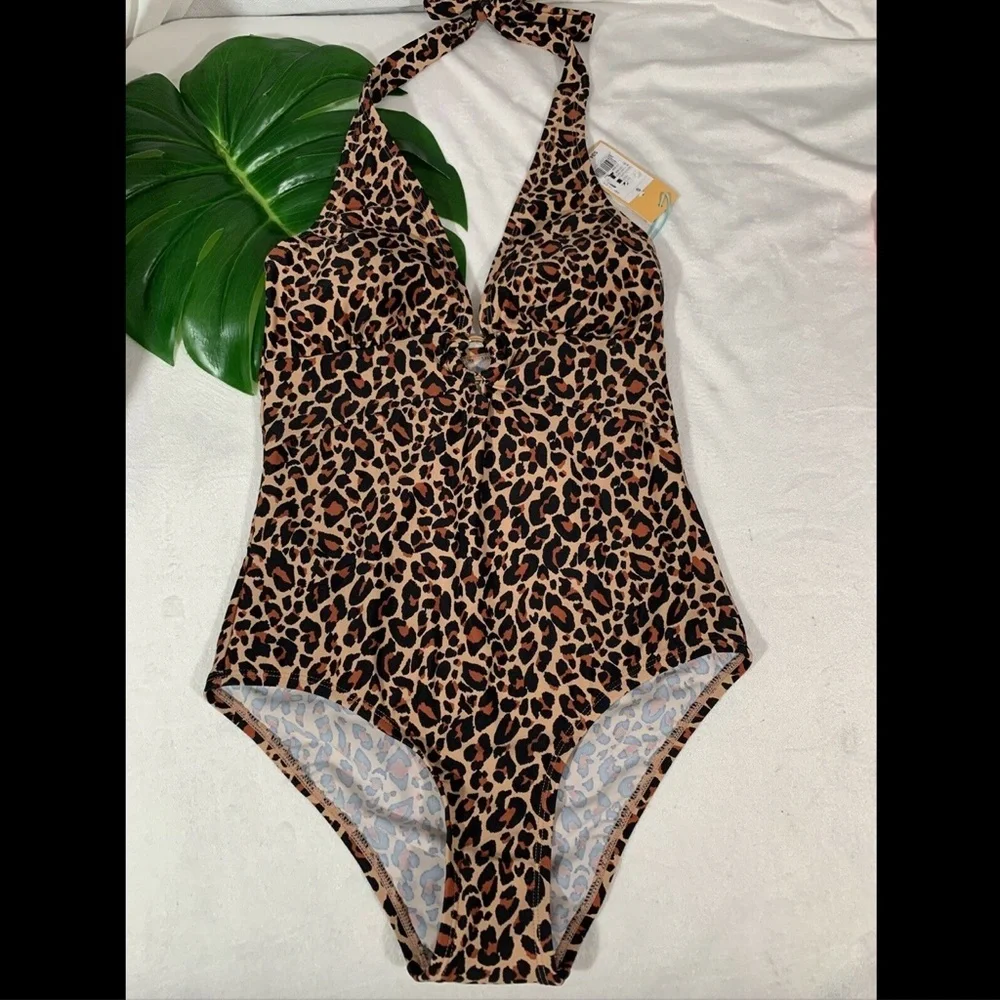 NWT Kona Sol Ring Leopard Cheetah V-Neck One Piece Swimsuit [ Small‎ ]